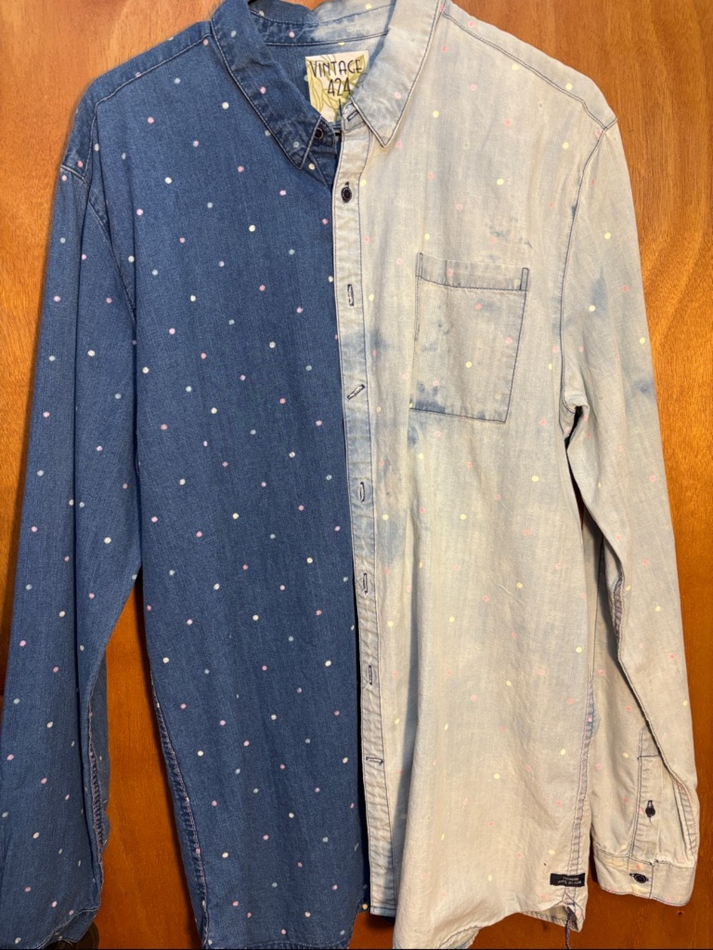 Vintage Two-Tone Polka Dot Denim Button-Down Shirt - Dark Blue & Light Blue